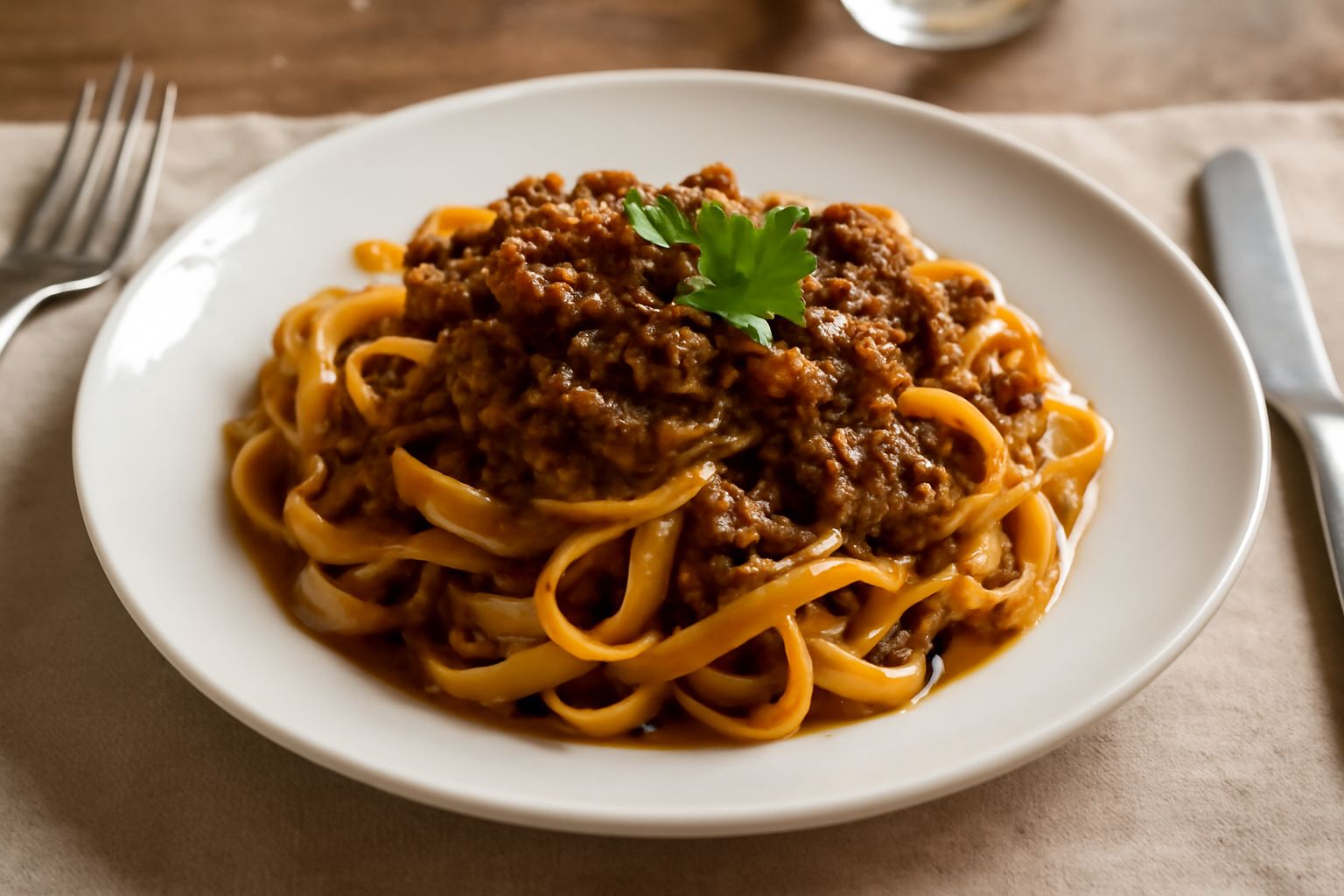 Piatto bianco con fettuccine al ragù di lepre, condimento color marrone scuro e rame, guarnito con formaggio grattugiato, forchetta in acciaio a sinistra