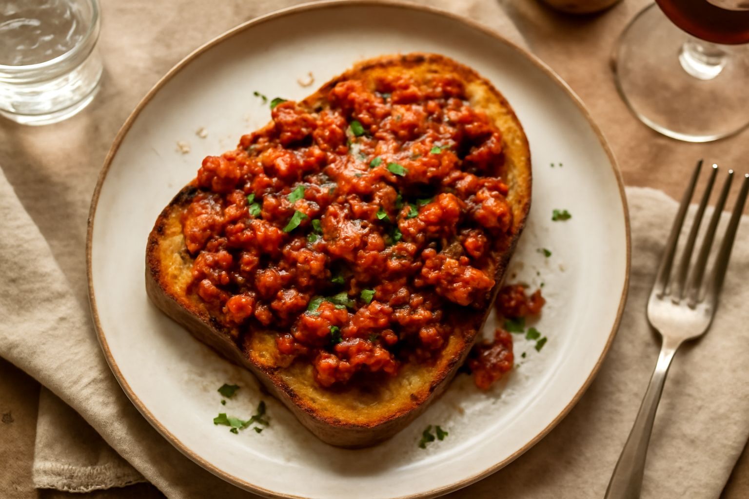 Pane tostato con ragù di salame: croccantezza che esalta la ricchezza del brodo speziato