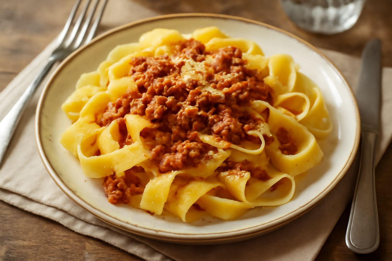 Pappardelle fresche su una spianatoia in legno, larghe circa tre centimetri, leggermente ondulate ai bordi, colore giallo paglierino, ricoperte da velo di farina bianca, con accanto uova rotte e farin