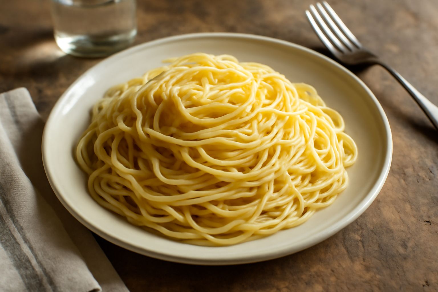 Piatto di taglierini al dente conditi con olio e aglio, spolverati di prezzemolo fresco, su un fondo bianco con un filo d'olio d'oliva intorno al bordo