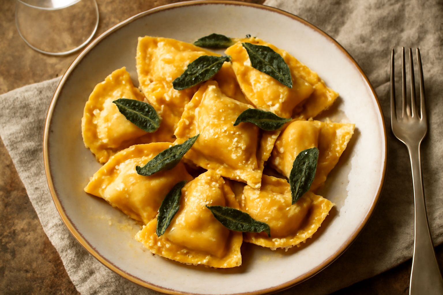 Tortelli ripieni di formaggio conditi al burro e salvia, disposti nel piatto bianco con una spolverata di parmigiano grattugiato e foglie di salvia fresca accanto