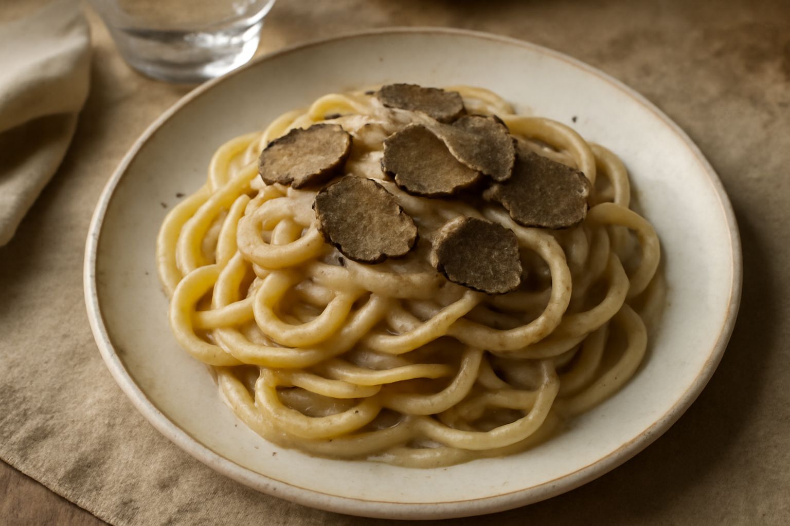 Piatto bianco con umbricelli avvolti sulla forchetta, ricoperti di salsa cremosa beige, scaglie nere di tartufo in cima, formaggio parmigiano grattugiato, fondo piatto sfumato